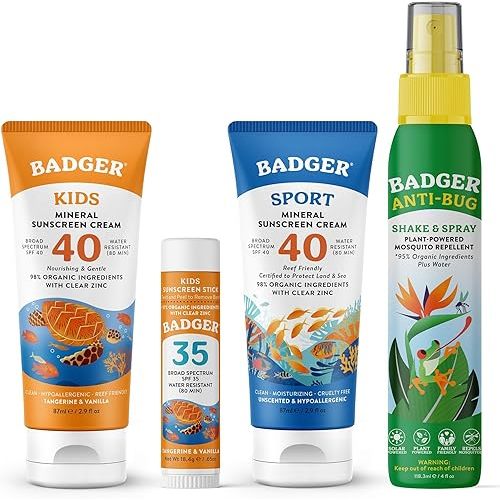 Badger Kids Sun & Bug Bundle - SPF 40 Kids Sunscreen, SPF 40 Sport Mineral Sunscreen, SPF 35 Kids Sunscreen Stick, Bug Spray, Reef-Friendly Sunscreen with Zinc Oxide and DEET-Free Insect Repellent