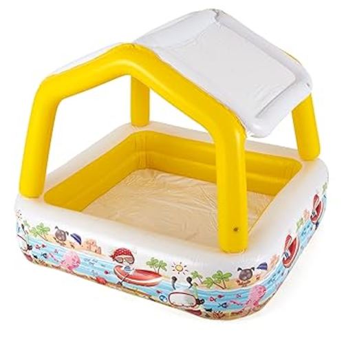 Intex Sun Shade 5 Foot Square Inflatable Durable 10 Gauge Vinyl Kiddie Pool with Ocean Scene and Canopy for Ages 3 Years and Up, Multicolor