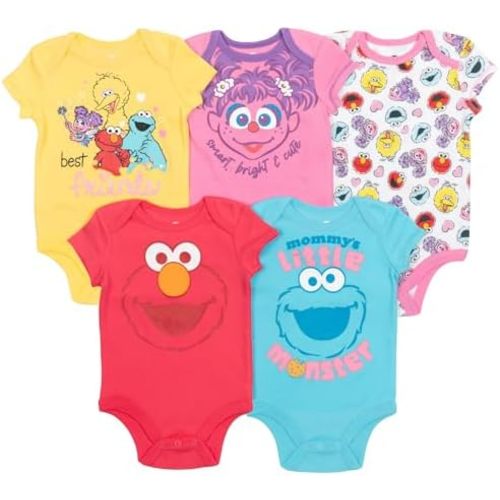 Sesame Street Baby 5 Pack Short Sleeve Bodysuits Newborn to Infant Sizes (Newborn - 24 Months)
