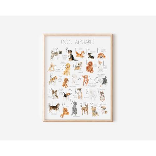 Dog Nursery Decor, Dog Alphabet Print, Watercolor Dog Art, Dog Breed Alphabet, Puppy Nursery, Dog Themed Nursery, Dog Lover Gift, Kids Gift