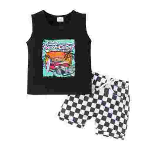 Toddler Baby Boy Sleeveless Vest Top Checkerboard Plaid Shorts Summer Beach Outfit Set Two-Pieces Clothes