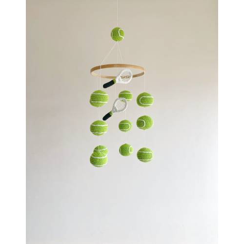 Crochet tennis balls and rackets baby mobile , Crochet tennis balls baby nursery, Handmade baby mobile, birthday gift, Christmas gift.