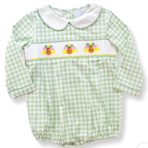 PRE-ORDER Green Gingham Turkey Smocked Boy Bubble
