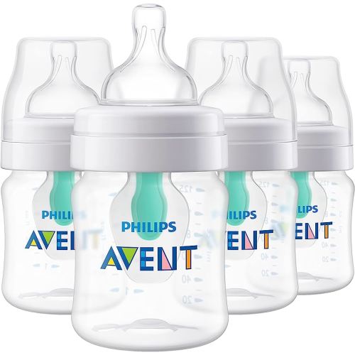 Philips Avent Anti-Colic Bottle with AirFree Vent, 4oz, with Flow 1 Nipples, 0m+, 4pk, Clear, SCY701/04