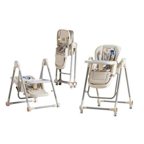 UMGOOGOO 5 in 1 Baby High Chair Swings for Infants Soothes to Sleep Reclining Foldable Rocking 8 Level Height Adjustment Eco Friendly Washable PU Cushion Baby Feeding Chair(White)