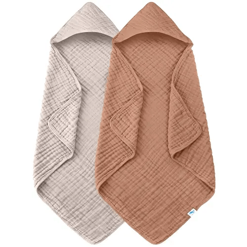 SWEET DOLPHIN Muslin Hooded Baby Bath Towels - 2 Pack 100% Cotton Towel for Babies, Infants, Toddlers - 32x32Inch - Highly Absorbent and Newborn Essential, Light Bean Paste