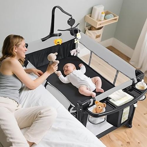World's First 1-Step Assembly Pack and Play, 5 in 1 Baby Bassinet Bedside Sleeper, Portable Baby Crib with Diaper Changer, Storage Rack& Music Box Toy Bar, Foldable Playard for Toddlers (Grey)