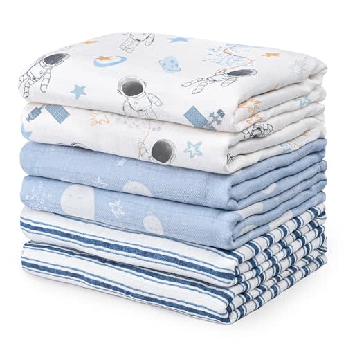 GLLQUEN BABY Receiving Blanket Boy Cotton Muslin Swaddle Blankets Girl Newborn Squares Breathable & Soft Thin Baby Blankets Cloths Double Absorbent Infant Swaddling Wrap - 6 Pack (Blue Astronaut)