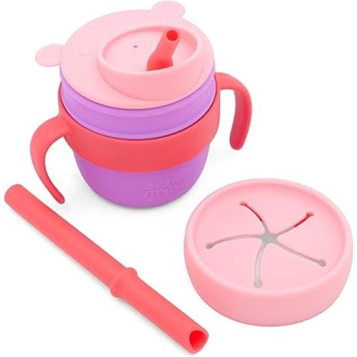 Easy Learn Drink and Snack Set – Baby + Toddler Silicone Learning Cup & Snack Set, Training Cup for Straw and Open Cup Independence – Dishwasher Safe (Plum)