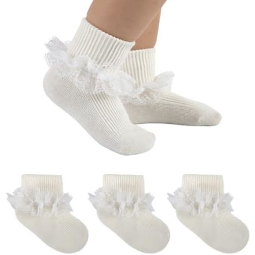 Baby Girl Ruffle Socks Double Lace Turn Cuff Cotton Fancy Ankle Frilly Dress Socks for Newborn Infant Toddler Girls