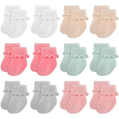 Toulite 12 Pairs Preemie Socks Girls and Boys Premature Ruffle Turn Cuff Cotton Socks Hospital Nicu