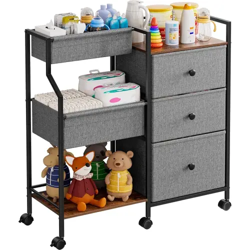 Baby Diaper Caddy Organizer and Storage - 3 Tier Rolling Cart with Dividers and Drawers, Easy To Assemble, Mobile Utility Cart with Wheels for Nursery, Bedroom, Changing Table & Crib