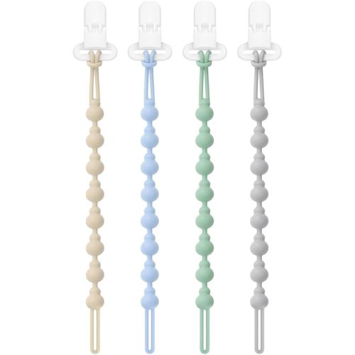 BEBOAN Silicone Pacifier Holder Clips for Baby Boys and Girls, 4 Pack One Piece Soft Flexible Binky Clips, Newborn Teething Paci Leash Straps, Teething Relief Toys Gift Baby Newborn Essentials