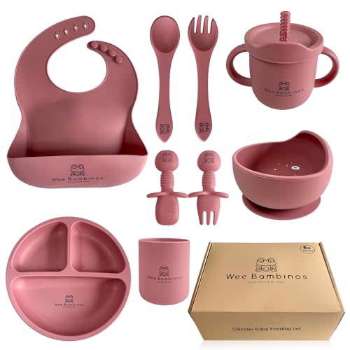 Wee Bambinos Silicone baby feeding set, 10 pcs baby silicone feeding set, baby plates and bowls set, baby led weaning set, baby plates and utensils set, baby eating set, platos para bebes (Pink)