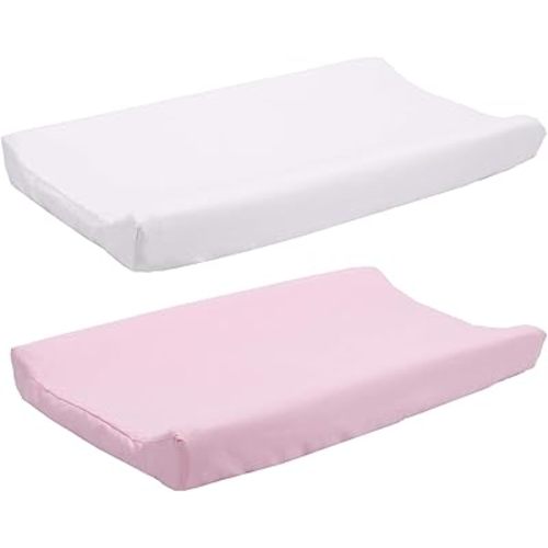 Belsden 2 Pack Microfiber Soft Changing Pad Cover Set, with 2 Considerate Safety Belt Holes, Durable Diaper Change Table Sheet Set for Baby Girls, 16''x32''x8'', White & Pink Colors