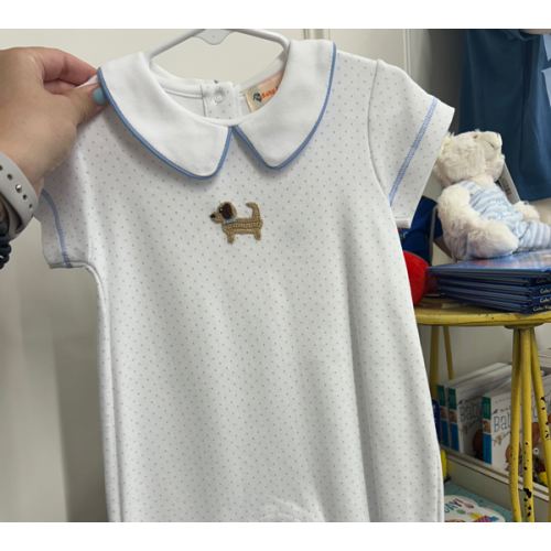 Puppy Sky Blue Polka Dot Romper. Size: 12M
