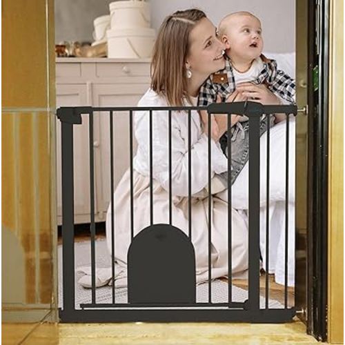 30" Baby Gate with Small Cat Door, 30-32"/38-40" Wide Two-Way Auto Close Child Safety Gate with Adjustable pet Door, Pressure Mounted Easy Walk Thru Dog Gate for Hallway, Doorway, Stairs