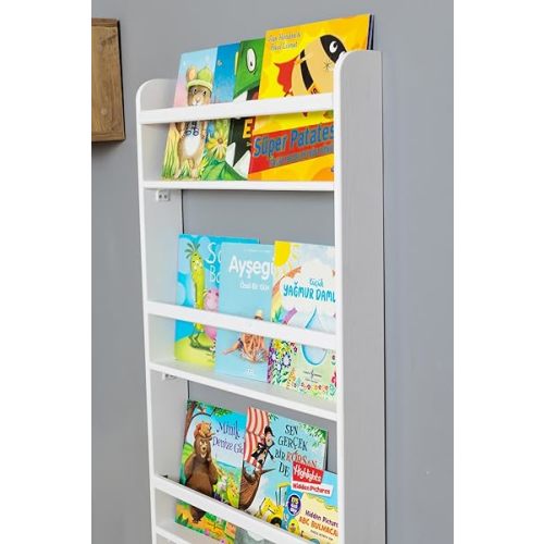 Handmade Solidwood Wall Mounted Montessori Kids Bookshelf, 4 Tier Book Display for Children Bedroom, Nursery Furniture Bookcase, Solid Wood Pine Tree Book Organiser for Living Room (White)