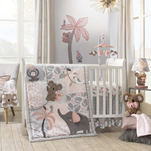 Calypso Pink/Gray Koala, Elephant & Monkey Nursery 4-Piece Baby Crib Bedding Set – Lambs & Ivy