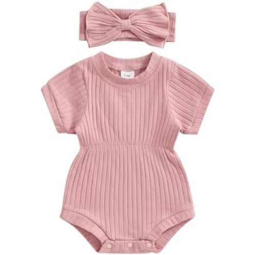 Baby Girl Summer Clothes Ribbed Short Sleeve Romper Solid Color Bodysuits Bow Headband Outfit Newborn Girl Jumpsuit