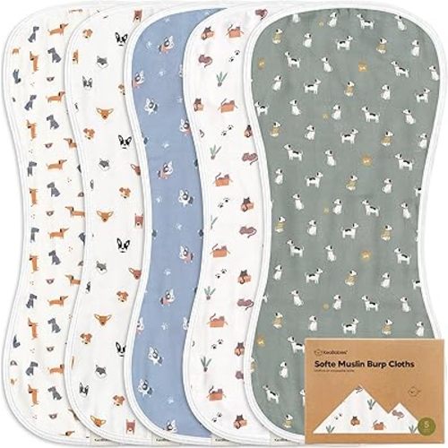 5-Pack Muslin Burp Cloths Baby Boy, Girl - Very Absorbent Baby Burp Cloth Rags, 8-Layers Viscose Derived from Bamboo Cotton Muslin Towel, Super Soft Spit Up Rags, No Shrink Washcloths(Pets & Paws)