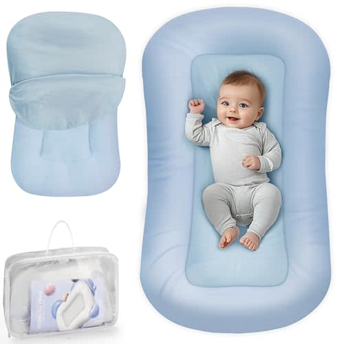 Baby Lounger - Baby Lounger for Newborn, 0-24 Months, Infant Lounger for Home and Travel, Soft Cotton, Baby Nest Lounger, Newborn Babies Essentials Gifts, ZumaBlue (Lounger Cover Included)