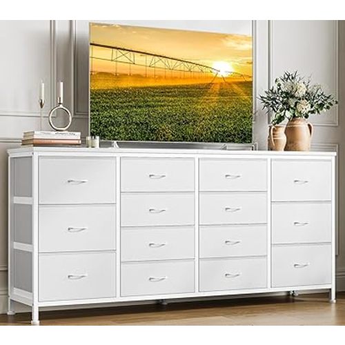 63" W White Dresser TV Stand for 65 70 75 Inch TV, 14 Drawer for Bedroom with Power Outlets, Large Long Fabric Dresser Entertainment Center