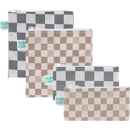 Bumkins Reusable Sandwich and Snack Bags, for Kids School Lunch and for Adults Portion, Washable Fabric, Waterproof Cloth Zip Bag, Travel Pouch, Food-Safe Storage, Large and Small 4-pack Set Check