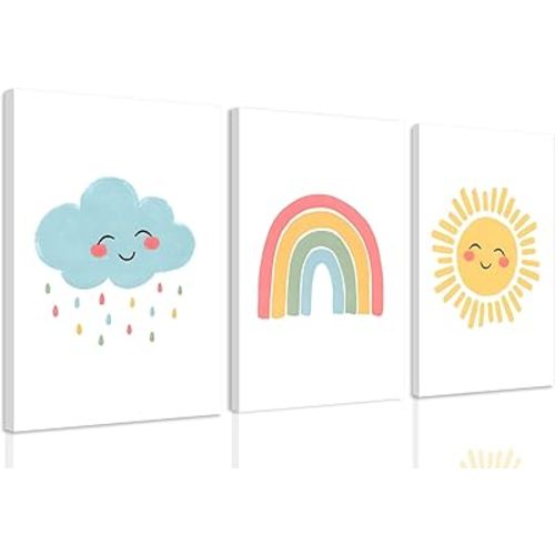 3Pcs Nursery Wall Art Canvas Prints Cute Sun Rainbow Dark Clouds Posters Pictures Sunny Rainy Decoration for Baby Kids Children's Room Painting Classroom Bedroom Wall Decor 12x16in Framed