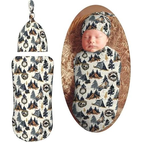 Outdoor Camping and Bear Newborn Swaddle Blankets Hat Sets Soft Baby Receiving Blanket Swaddle Sack for Baby Shower Infant Boy Girl Gift