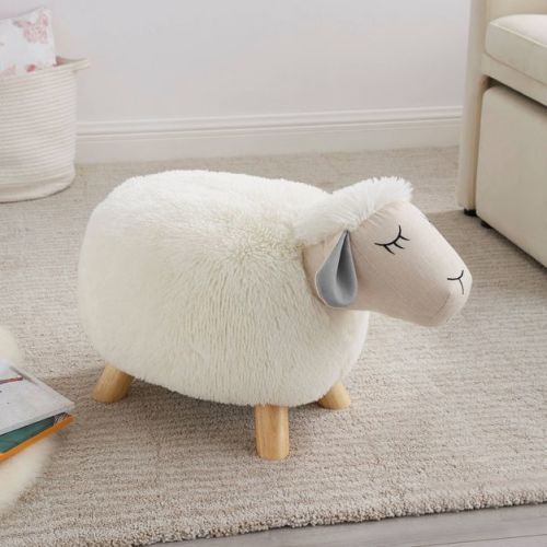 Hillier White Sheep Kids' Accent Stool - Powell: Upholstered Ottoman, Animal Shape, Wood Legs, Spot Clean, 105 lb Capacity