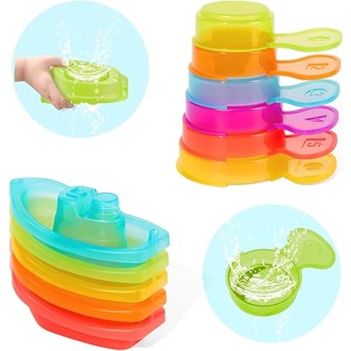 Baby Bath Toys Rainbow Stackable Bath Boats and Bathing Spoons, Mold Free Floating Bathtub Toys for Baby & Toddler, Baby Toys 6-12-18 Months, Water Table Accessories, Set of 11