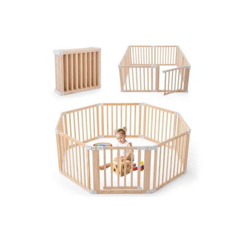 Foldable Wooden Playpen, Large Baby Wood Playpen with Locking Gate for Babies and Toddler 1-3 Year, Portable Play Yard for Activity Center Indoor Outdoor(Wood, 8 Panel)