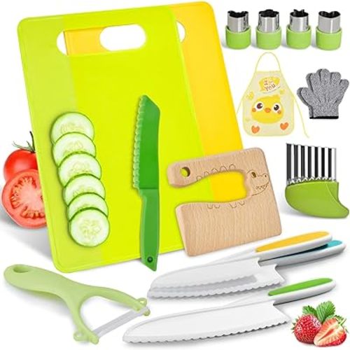 COVLUROTO 15PCS Montessori Kitchen Toys for Toddlers: Stocking Stuffers for Kids - Kids Safe Cooking Sets Real Knife Set for Real Cooking - Easter Basket Stuffers Christmas Birthday Gifts for Boy Girl
