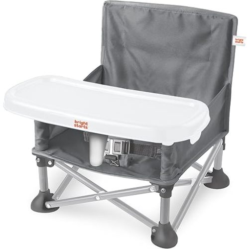 Bright Starts Pop 'N Sit Portable Booster, Indoor/Outdoor Use, Floor Seat with Feeding Tray, Grey, 6 Mos - 3 Yrs