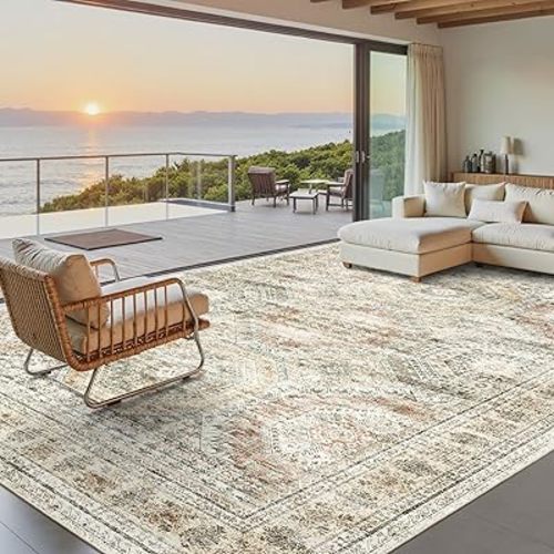Soalmost Washable Area Rug 8x10, Large Soft Rugs for Living Room Vintage 8x10 Area Rugs for Bedroom Dining Room Non-Slip Stain Resistant Under Table Brown Pink Rug