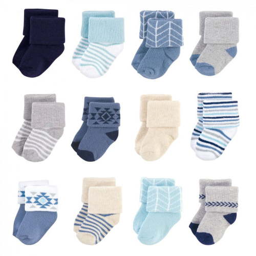 Hudson Baby Infant Boy Cotton Rich Newborn and Terry Socks, Blue Gray Aztec, 0-6 Months