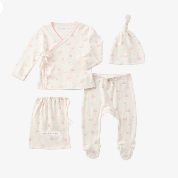 Pink Swan Print Organic Cotton Pointelle Layette 3 Pc Gift Set