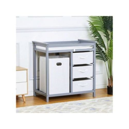 Wooden Baby Changing Table, Diaper Changing Table, Infant Diaper Changing Station Dresser With Laundry Hamper, 3 Drawer Basket And Changing Pad