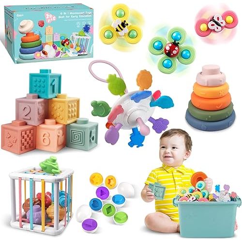 Baby Toys for 6 to 12 Months, Montessori Sensory Bins & Teething Toys, 6 in 1 Stacking Blocks, Rings, Eggs, Spinner, Crab Shape, 27 Pieces, Ages 6-36 Months