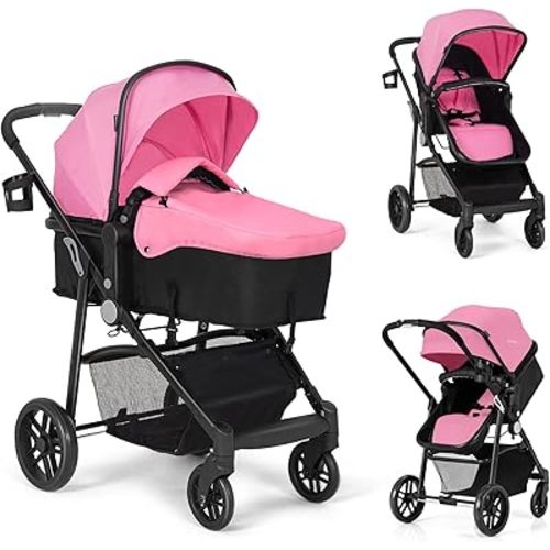 BABY JOY Baby Stroller, 2 in 1 Convertible Carriage Bassinet to Stroller, Pushchair with Foot Cover, Cup Holder, Large Storage Space, Wheels Suspension, 5-Point Harness (Pink)