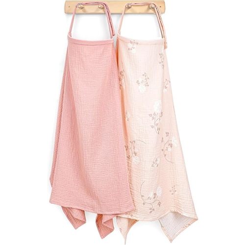 Muslin Nursing Cover for Breastfeeding, Privacy Breathable Breastfeeding Cover with Arch Neckline for Mom, 100% Cotton Nursing Apron, Floral and Pink