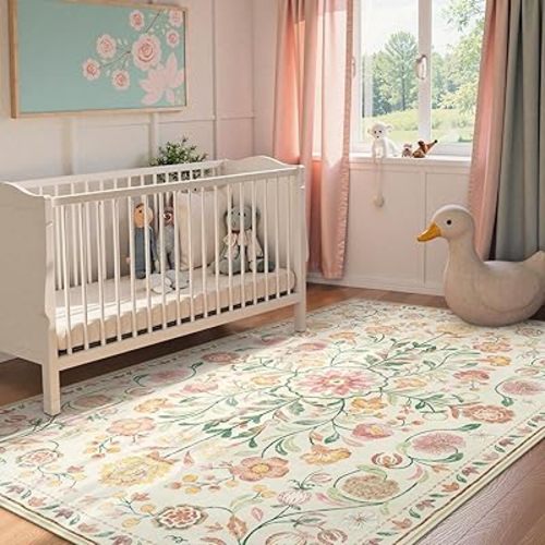 Anidaroel Boho Rugs for Bedroom, Washable Area Rugs 5X7 Soft Rug for Living Room, Non Slip Distressed Beige Floral Rug, Stain Resistant Room Rug Indoor Carpet for Bedside Apartment Foyer