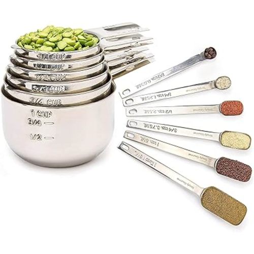 Simply Gourmet Measuring Cups and Spoons Set of 12, 304 Premium Stainless Steel, Stackable Cups Long Handle Spoons Fits Narrow Jars, Kitchen Gadgets for Liquid & Dry Ingredients Cooking Baking