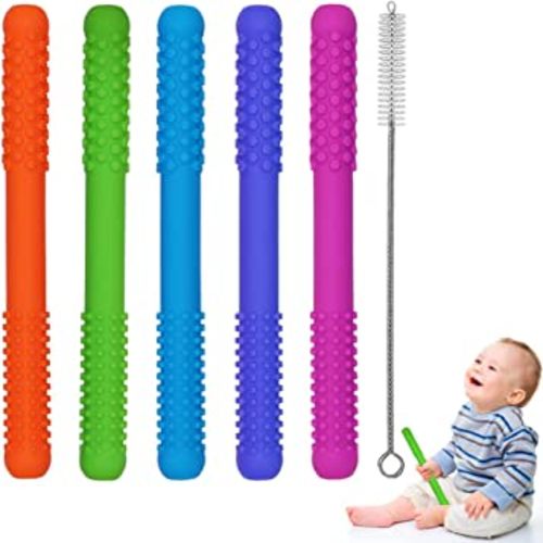 Hollow Teething Tubes Toys for Babies Girls Boys, 5 Pack Silicone Baby Teether Toy Tube for Infants with Nursing Biting Chewing, Chew Straws for Toddlers 6-12 Months (Style A)