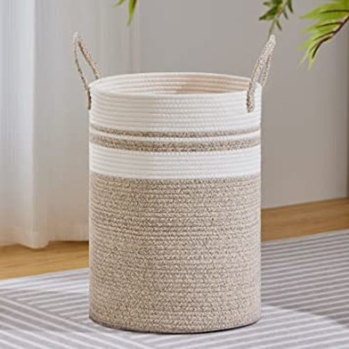 VIPOSCO Large Laundry Hamper, Tall Woven Rope Storage Basket for Blanket, Toys, Dirty Clothes in Living Room, Bathroom, Bedroom - 72L Brown & White