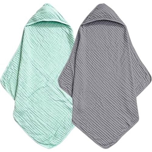 david's kids 2 Pack Hooded Baby Towels, 100% Muslin Cotton 6-Layer Ultra Soft Breathable Absorbent Baby Bath Towels for Infant Toddler and Kids, Newborn Essentials, Large 32x32Inch, Grey & Green
