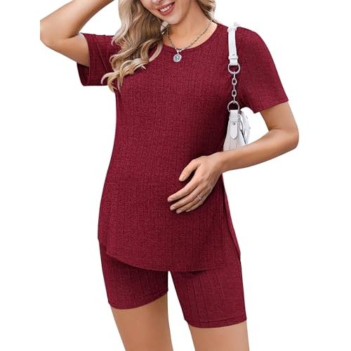 Ekouaer Maternity Sets 2 Piece Outfits Ribbed Knit Short Sleeve Shirts and Biker Shorts Pregnancy Loungewear Mama Clothes