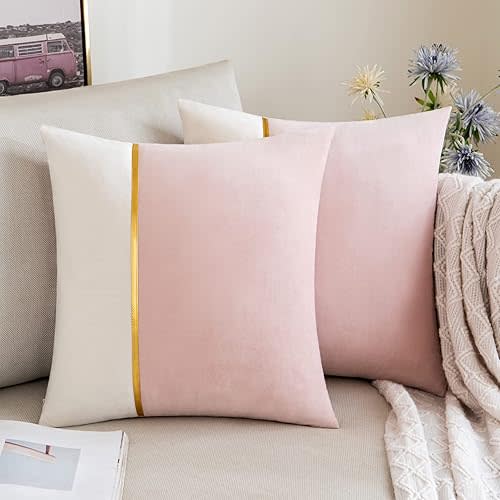 ANRODUO Pack of 2 Pink Throw Pillow Covers Decorative Velvet Patchwork with Gold Leather Pillowcase Soft Solid Decoration Cushion Case Square for Couch Sofa Living Room Spring Room Decor 18x18 Inch