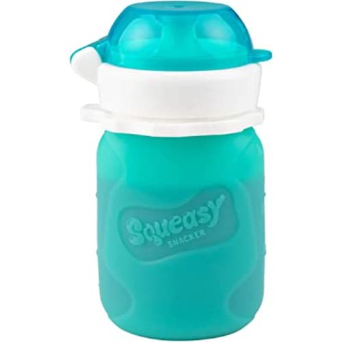 Aqua 3.5 oz Squeasy Snacker Spill Proof Silicone Reusable Food Pouch - Soft Foods and Liquids - Water, Apple Sauce, Yogurt, Smoothies, Baby Food - Dishwasher Safe